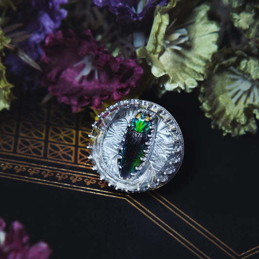 Victorian Thistle Blue Green Jewel Beetle Sterling Ring - Loved To Death