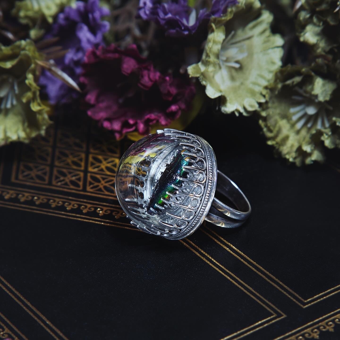 Victorian Thistle Blue Green Jewel Beetle Sterling Ring - Loved To Death