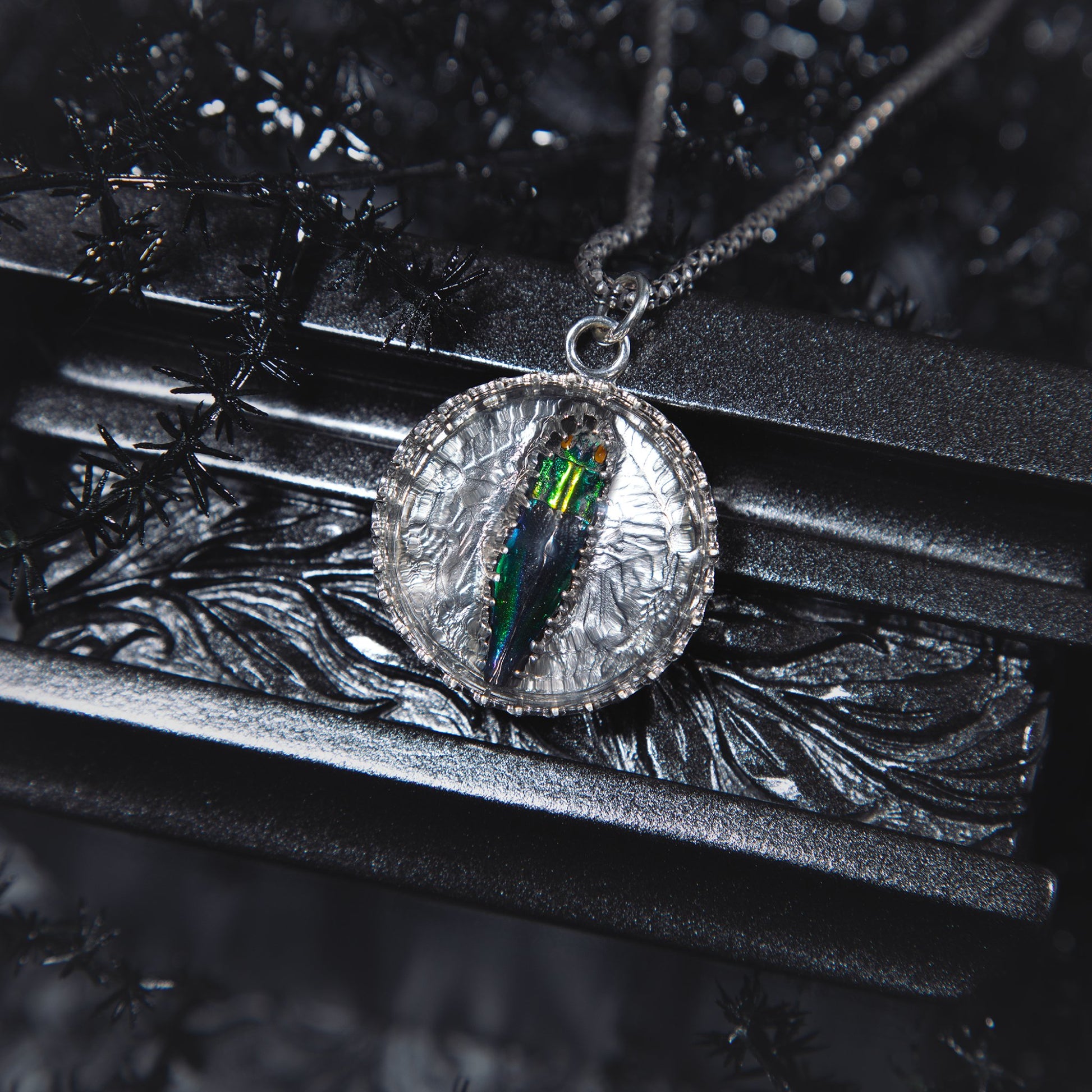 Victorian Thistle Dome Blue Green Jewel Beetle Sterling Necklace - Loved To Death
