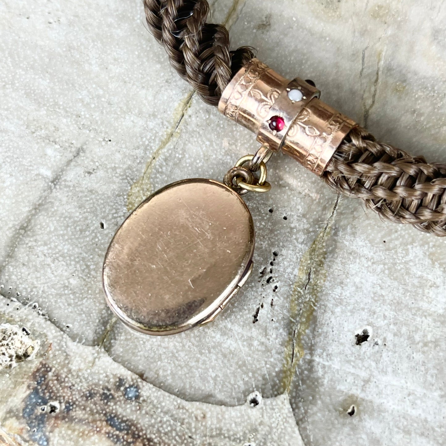 Victorian Mourning Gold Filled Seed Pearl Opal Garnet Locket Hairwork Watchfob