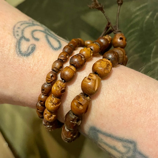 Wood Carved Skull Bead Bracelet