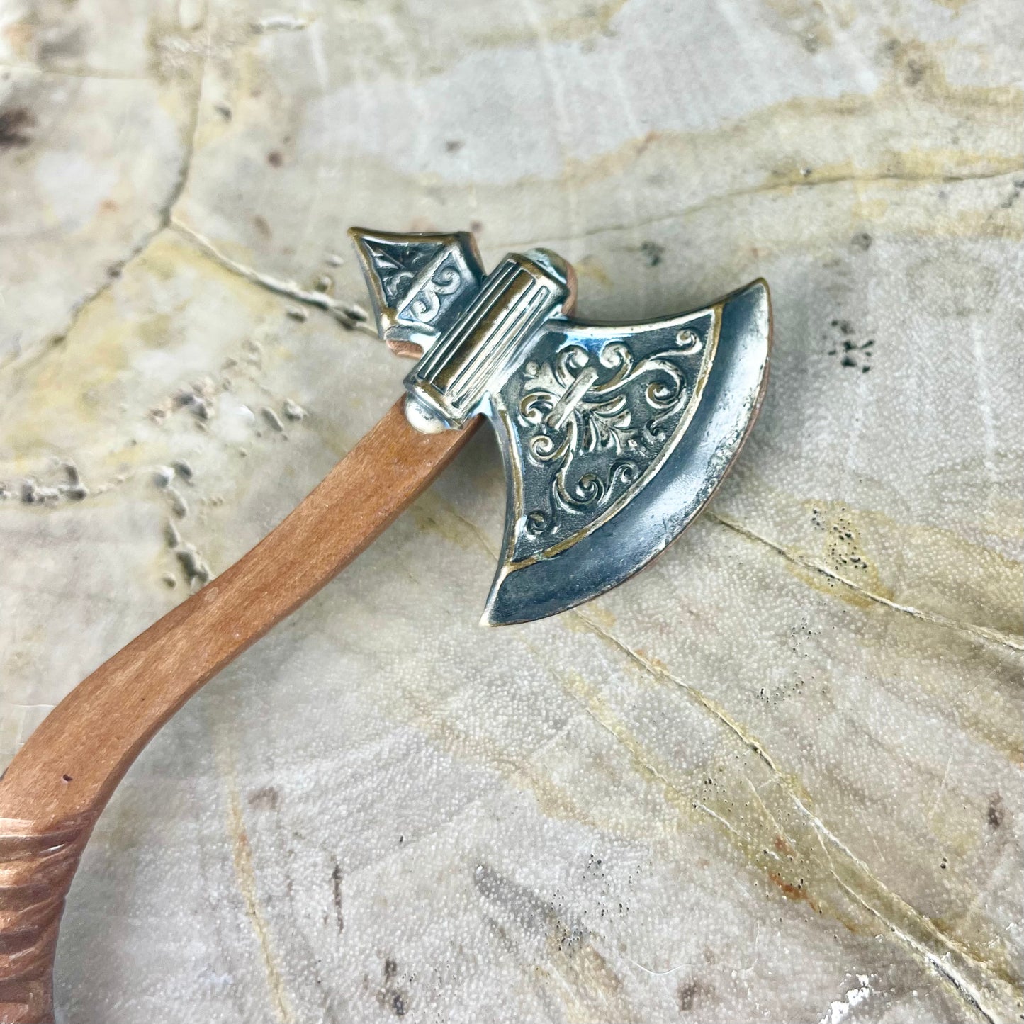 Vintage Wood Carved Axe with Elaborate Metal Blade 3”