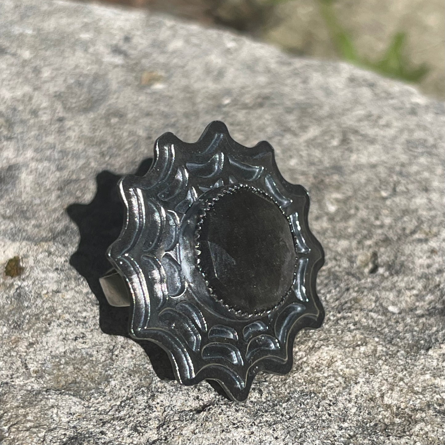 Widows Web Silver Sheen Obsidian Sterling Ring