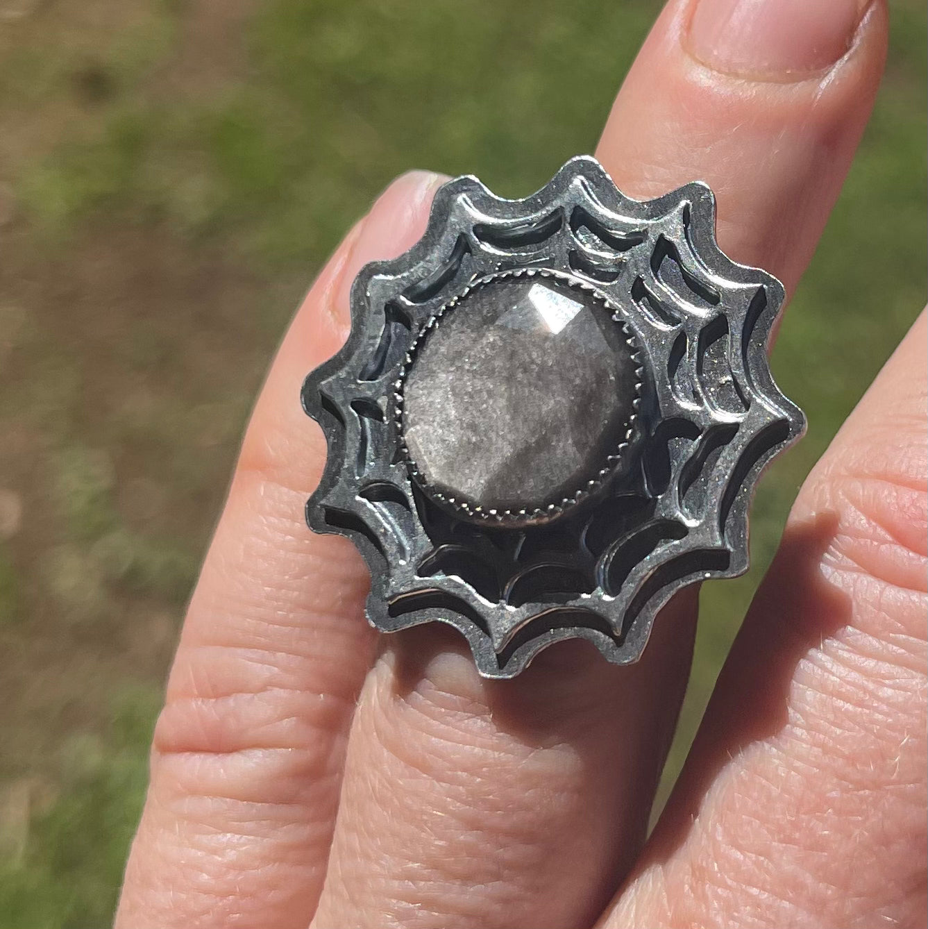 Widows Web Silver Sheen Obsidian Sterling Ring