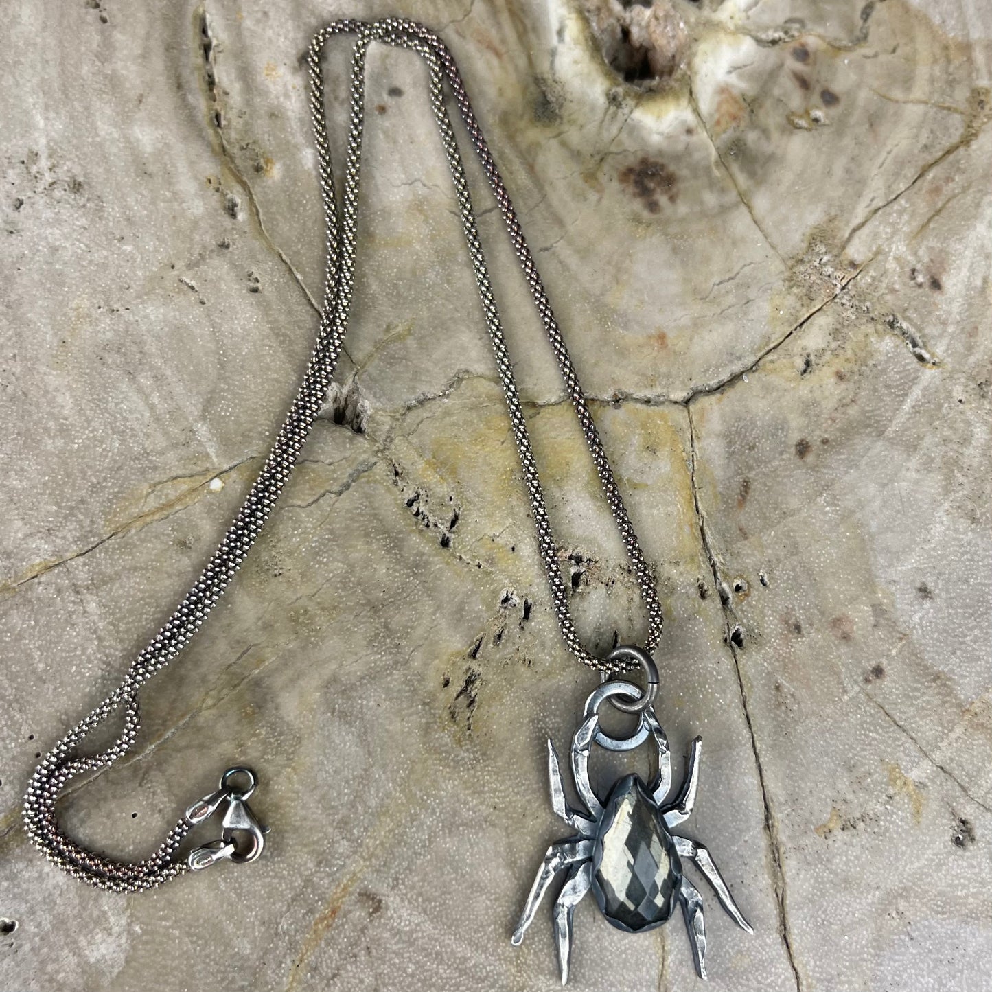 Mini { Spinderella } Pyrite & Clear Quartz Spider Necklace