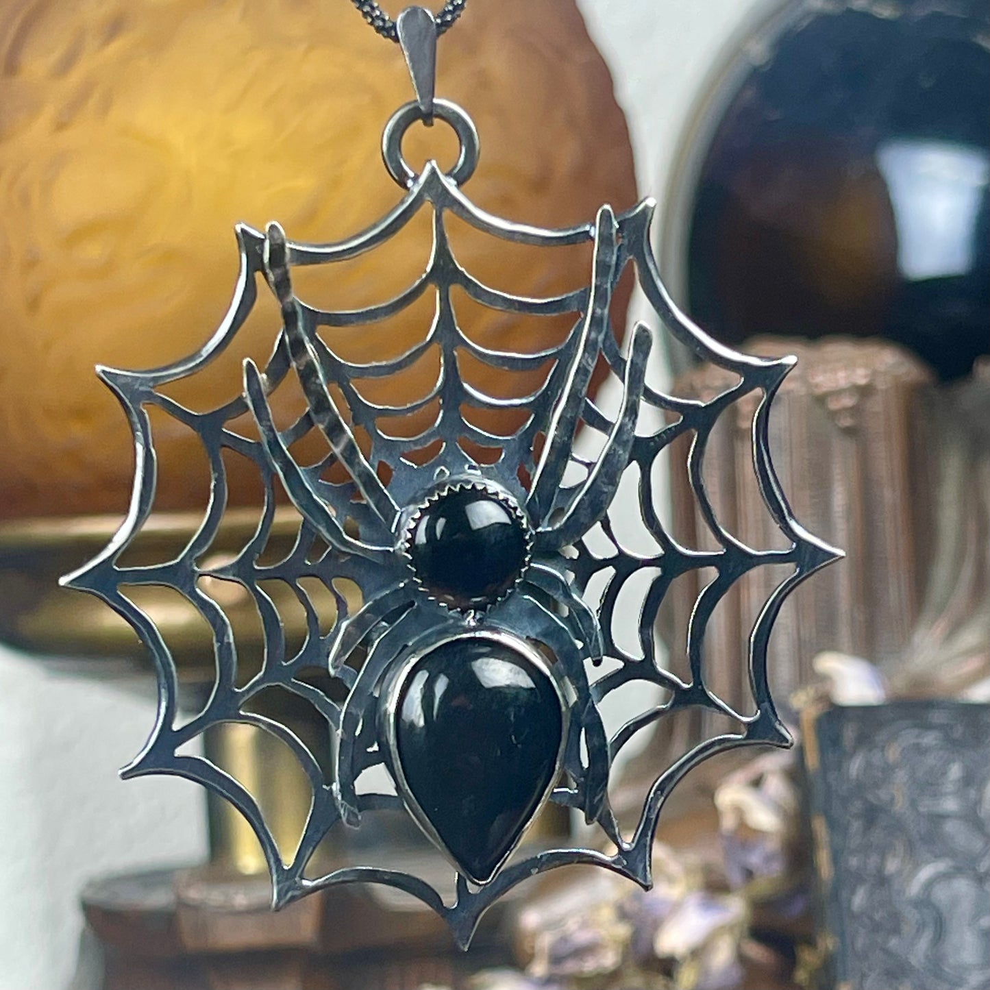 Sterling Widows Web With Jeweled Spider Necklace