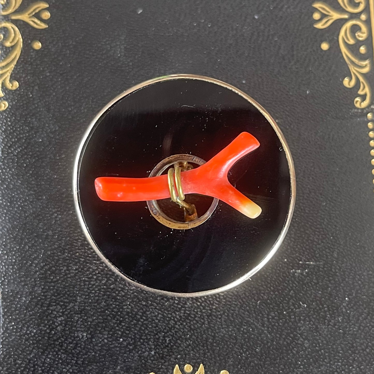 Victorian Onyx & Coral Gold Filled Brooch