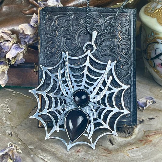 Sterling Widows Web With Jeweled Spider Necklace