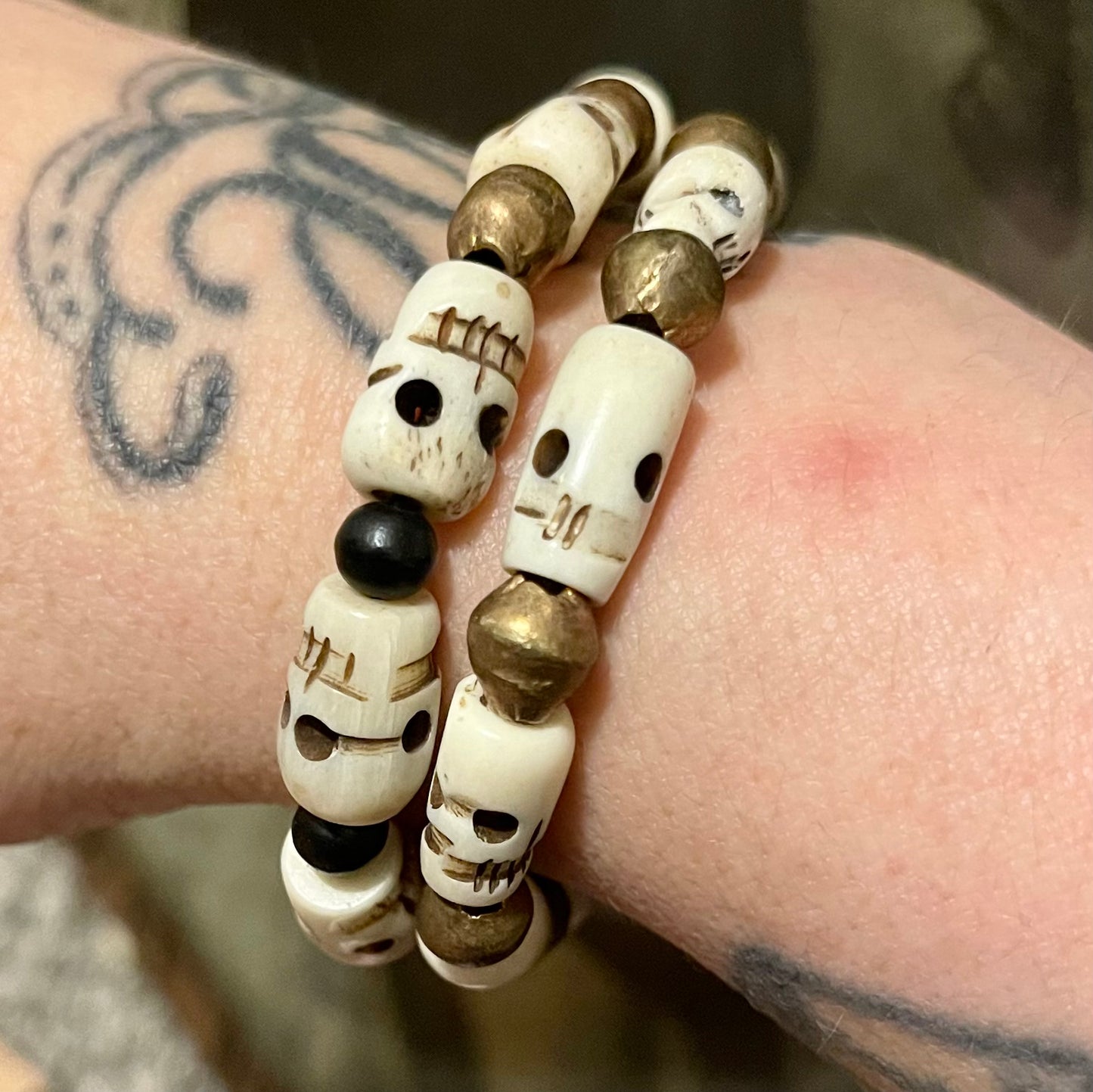 Bone Carved Skull Bead Bracelet