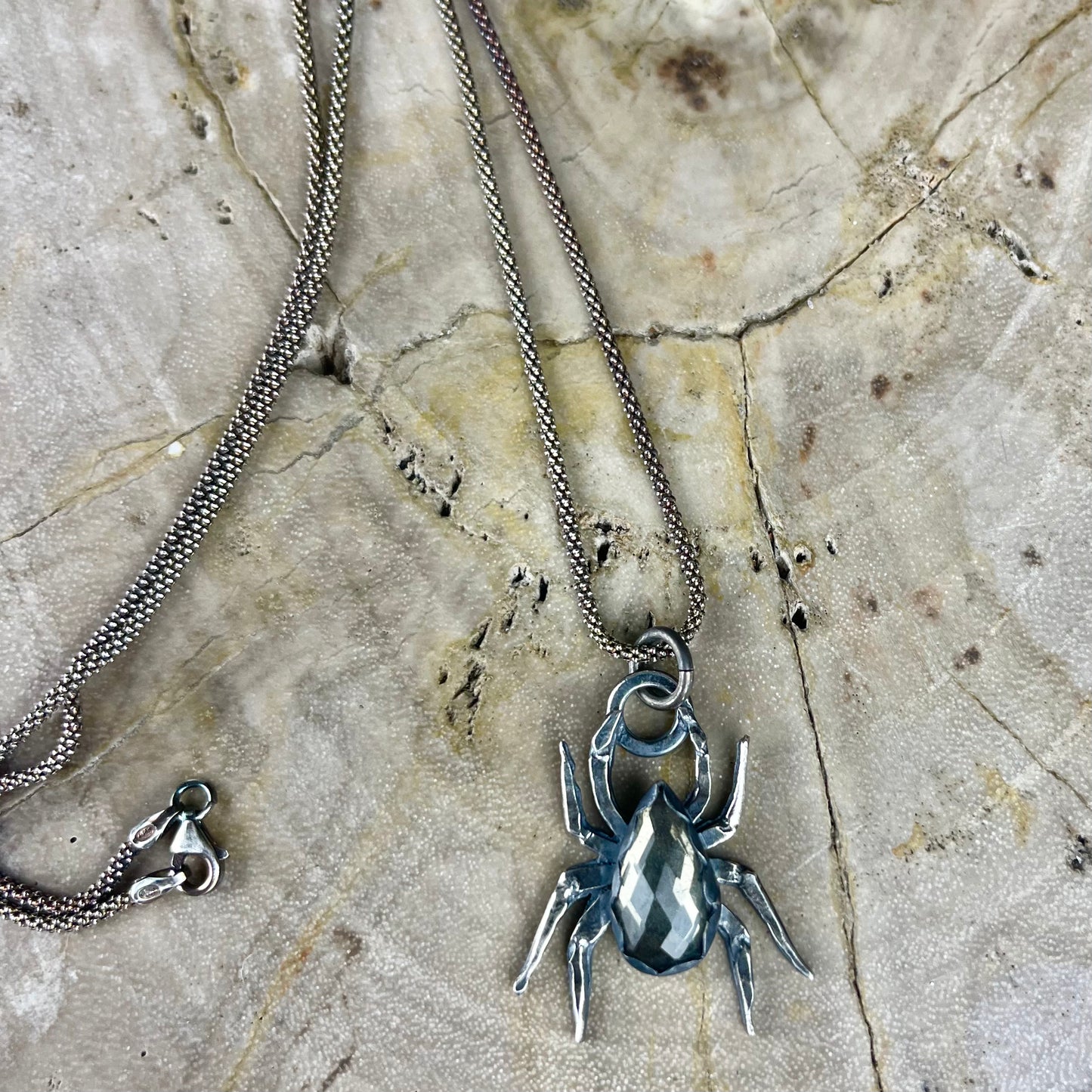 Mini { Spinderella } Pyrite & Clear Quartz Spider Necklace