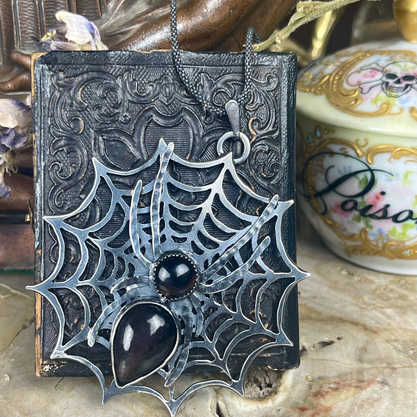 Sterling Widows Web With Jeweled Spider Necklace