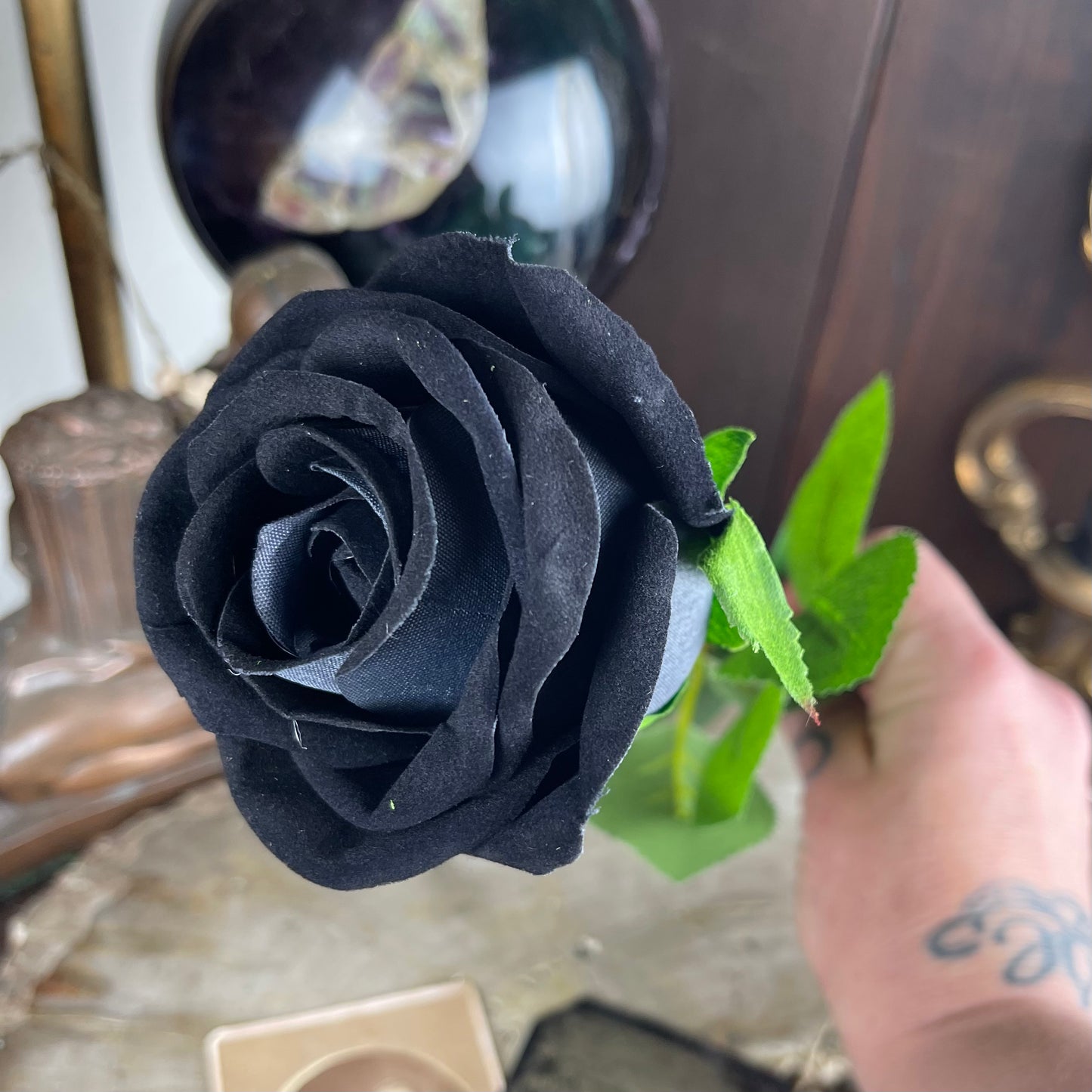 Faux Black Velvet Long Stem Rose