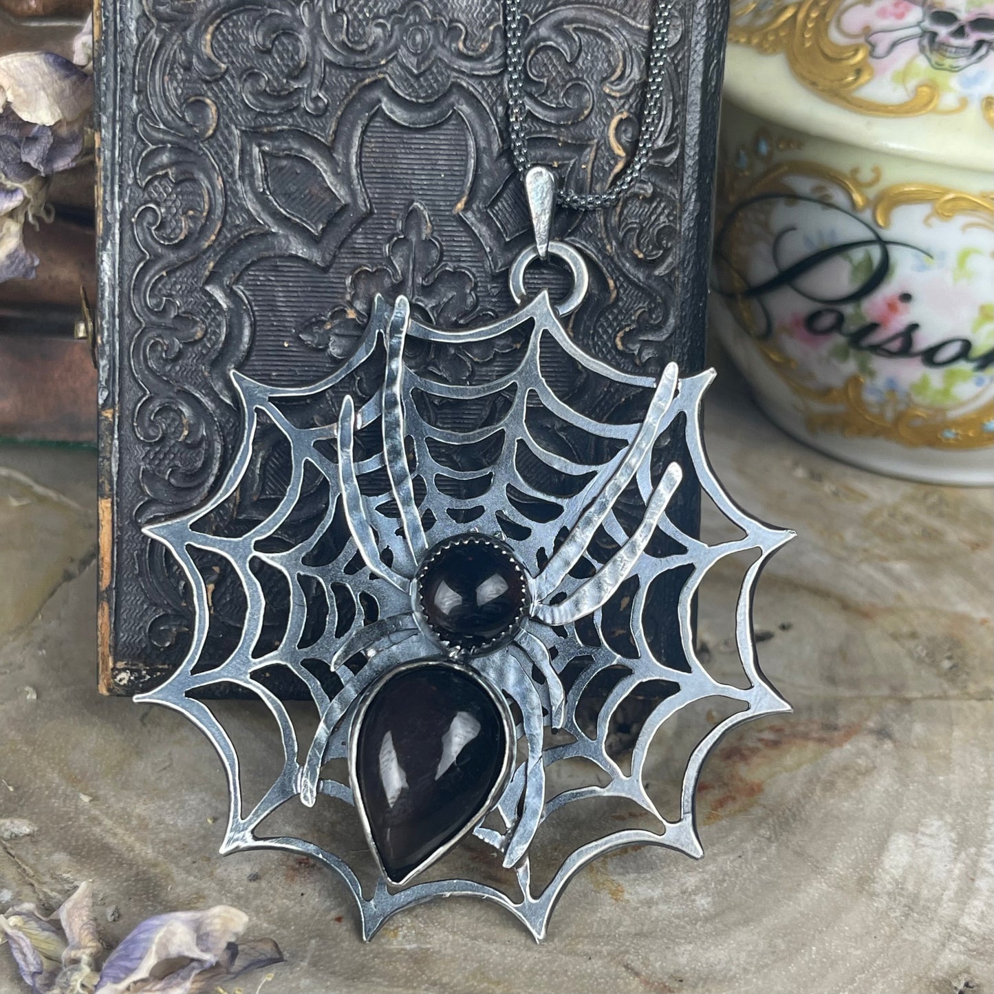 Sterling Widows Web With Jeweled Spider Necklace