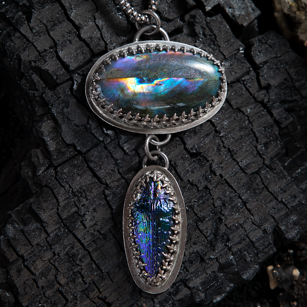 { Victoria } Genuine Blue Jewel Beetle Spectrolite Sterling Necklace