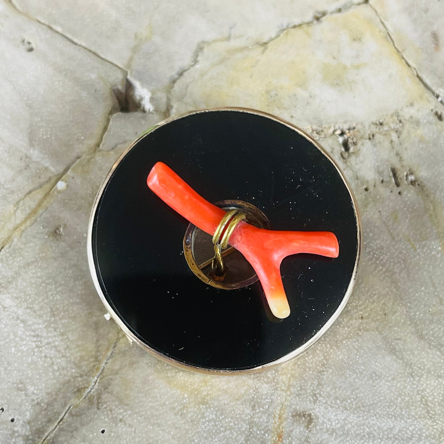 Victorian Onyx & Coral Gold Filled Brooch