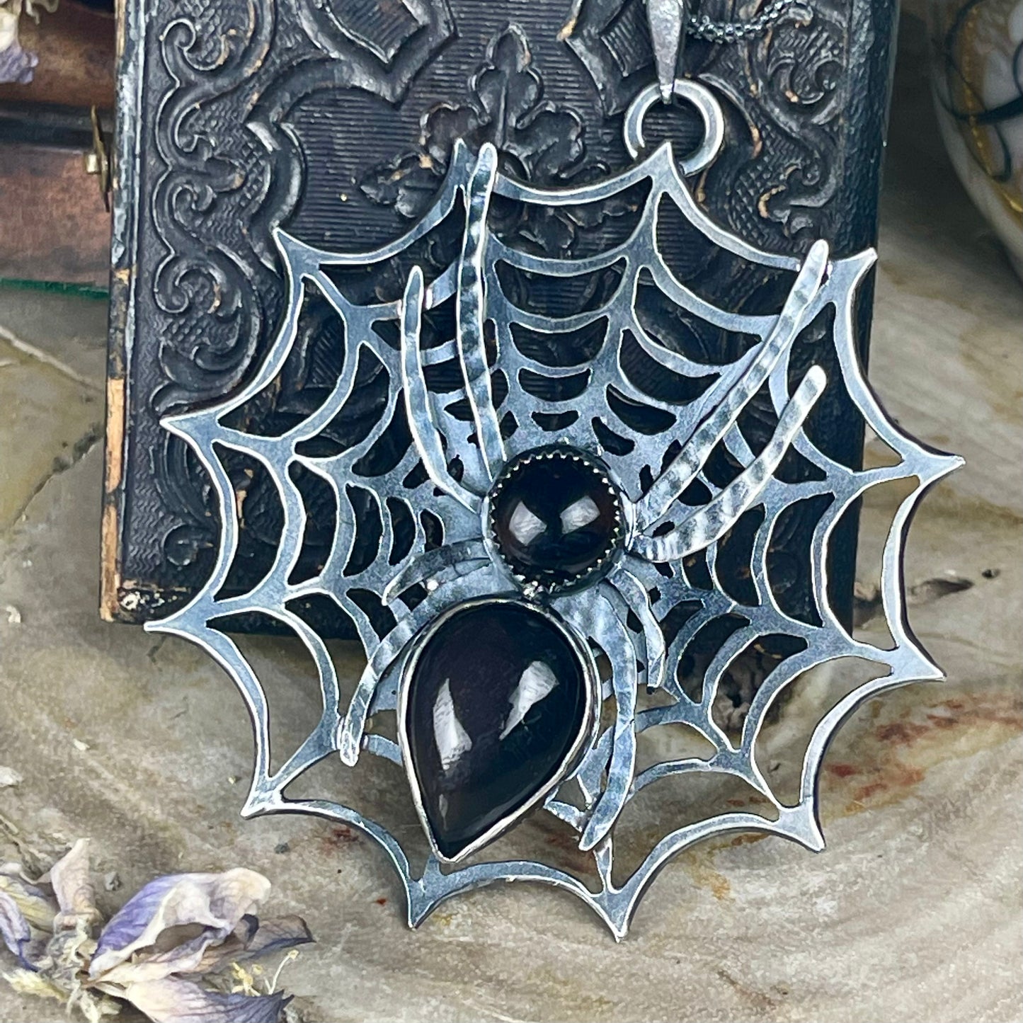 Sterling Widows Web With Jeweled Spider Necklace
