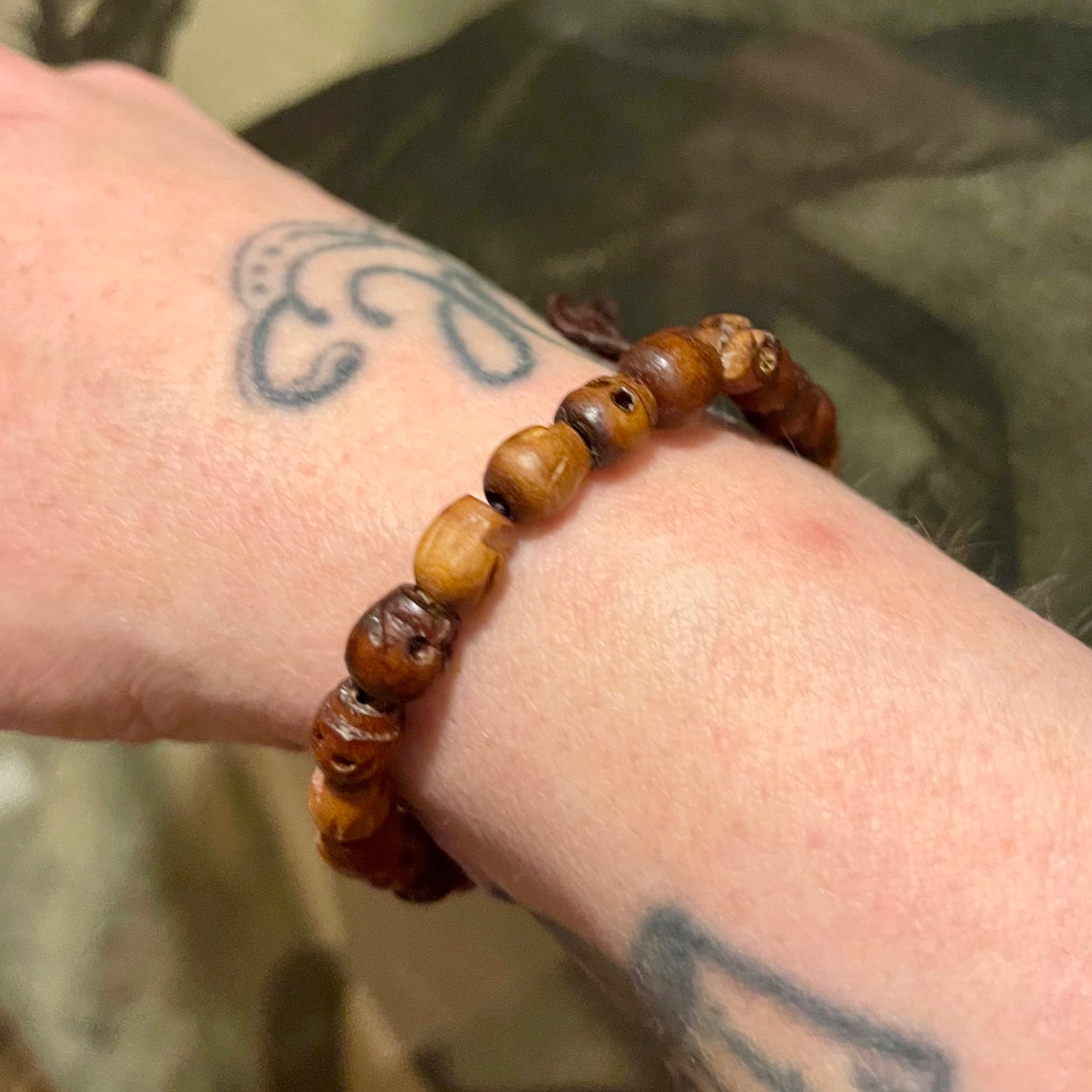 Wood Carved Skull Bead Bracelet