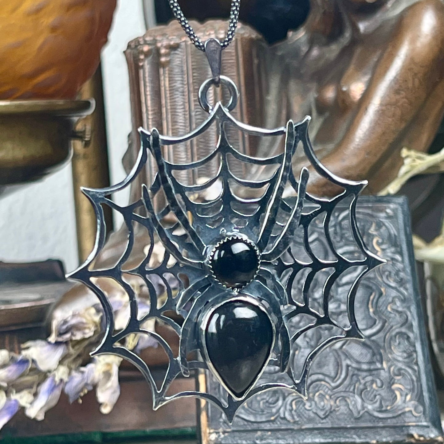 Sterling Widows Web With Jeweled Spider Necklace
