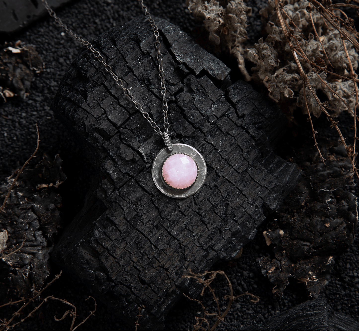 Rose Quartz Honeycomb Faceted Full Moon Sterling Amulet Necklace - Loved To Death