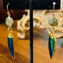 Load image into Gallery viewer, Beetle Elytra Labradorite Gold Filled Earrings
