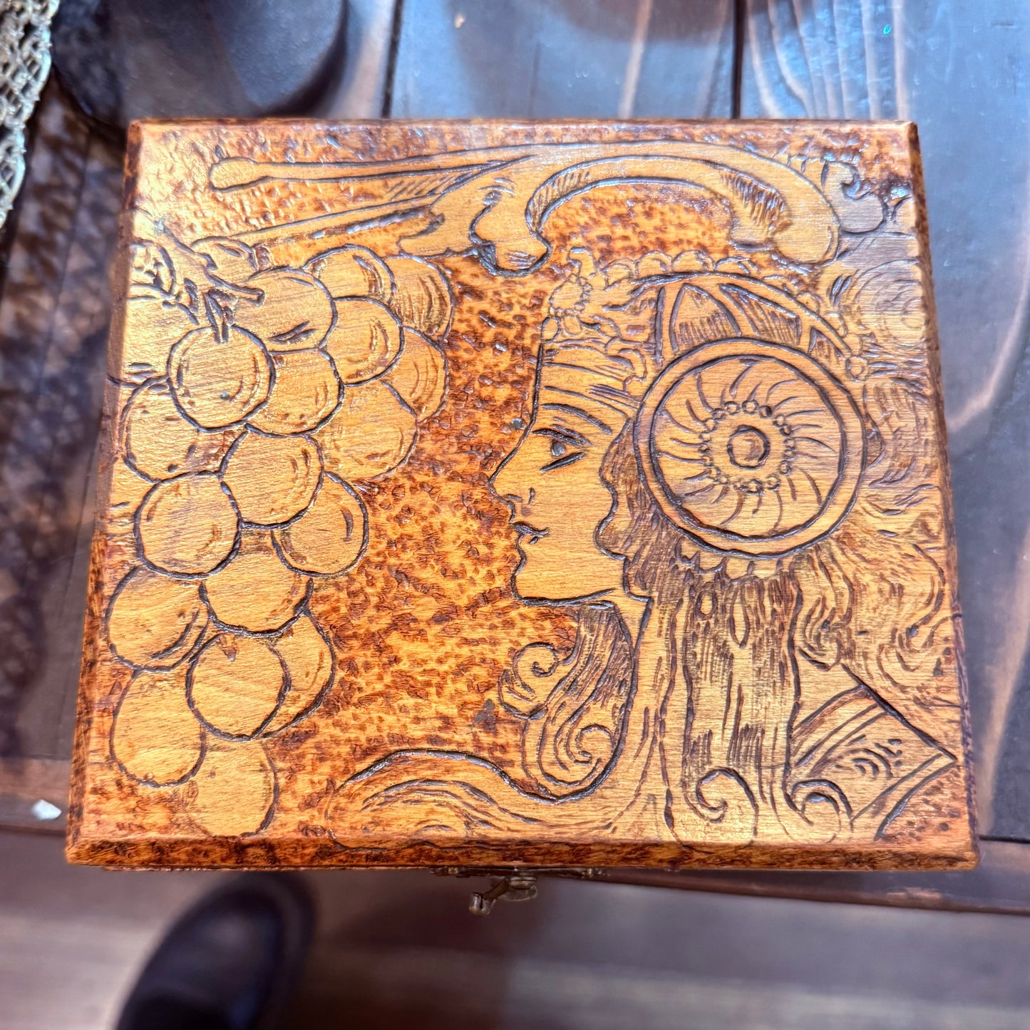 Antique Art Nouveau Woman & Grapes Pyrography Hinged Wooden Box