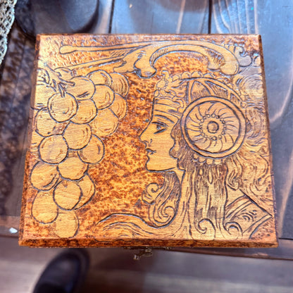 Antique Art Nouveau Woman & Grapes Pyrography Hinged Wooden Box