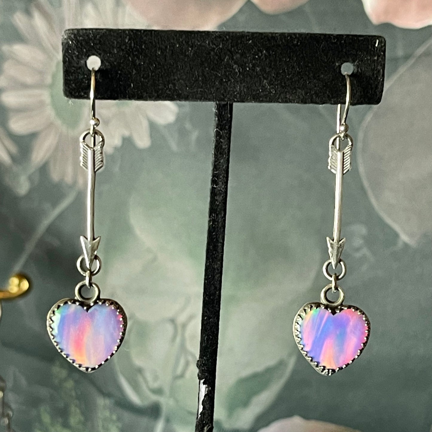Gothic Victorian Handmade Arrow Aurora Opal Hearts Sterling Earrings