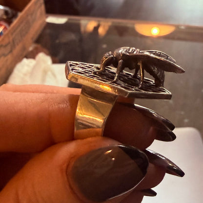 Sterling Amber Honey Beehive Ring