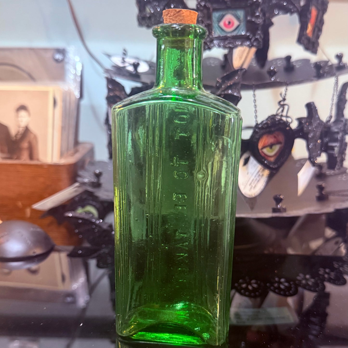 Antique Emerald Green Poison Bottle Rectangular 6”