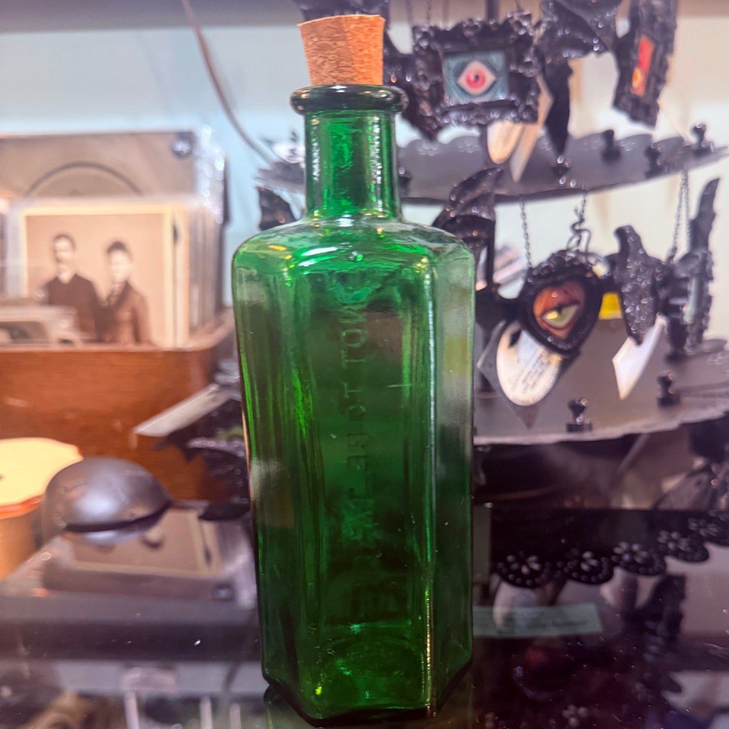 Antique Emerald Green Poison Bottle Hexagonal 6”