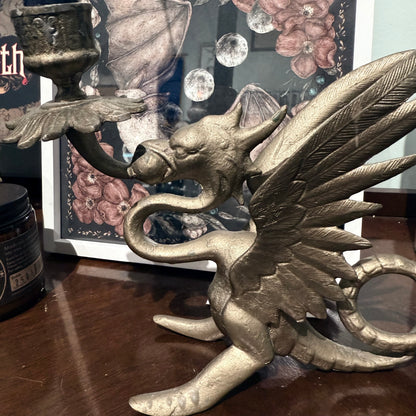 Antique Winged Griffin Heavy Brass Candleholder