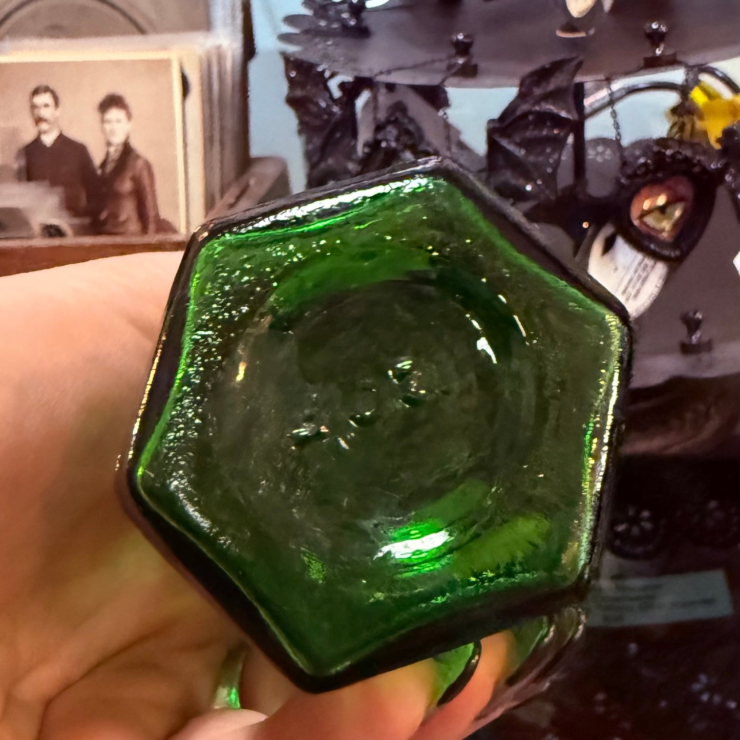 Antique Emerald Green Poison Bottle Hexagonal 6”