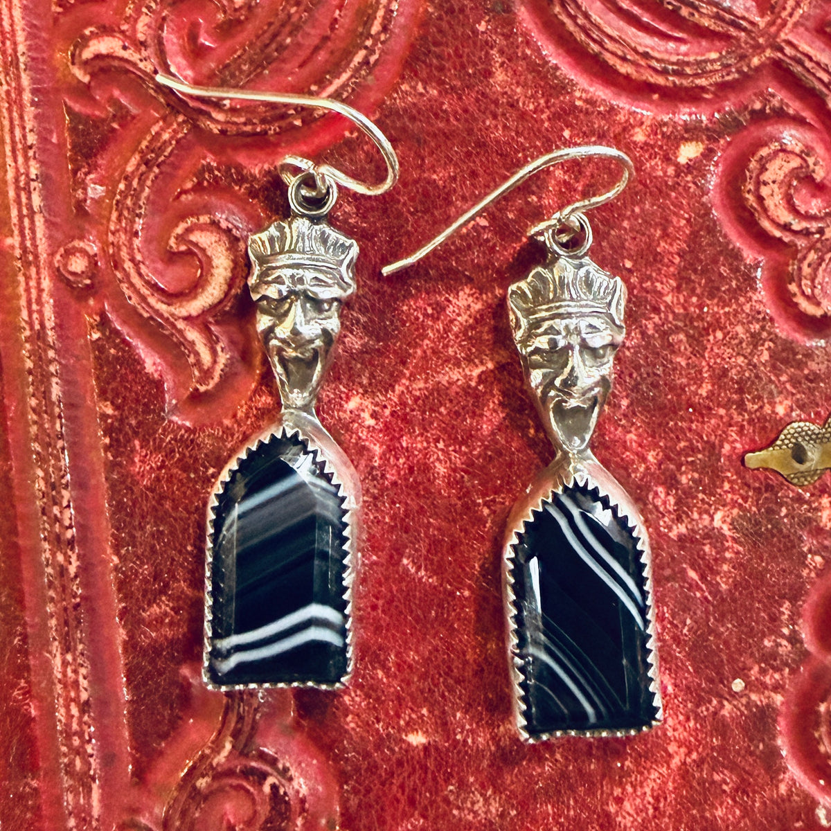 Handcrafted Sterling 1800’s Screaming Gargoyle Banded Agate Coffin Earrings