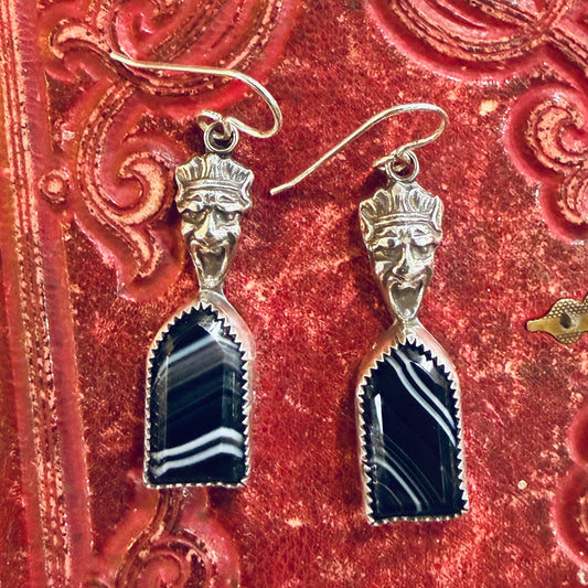 Handcrafted Sterling 1800’s Screaming Gargoyle Banded Agate Coffin Earrings