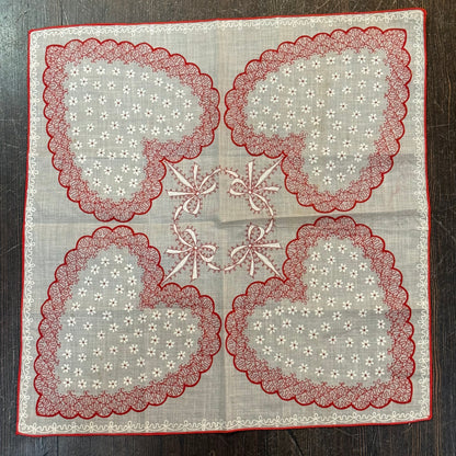 Antique Valentine Large Hearts & Ribbons Handkerchief