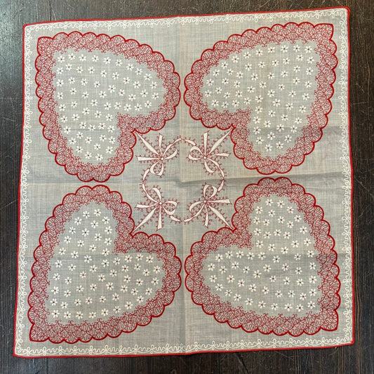 Antique Valentine Large Hearts & Ribbons Handkerchief