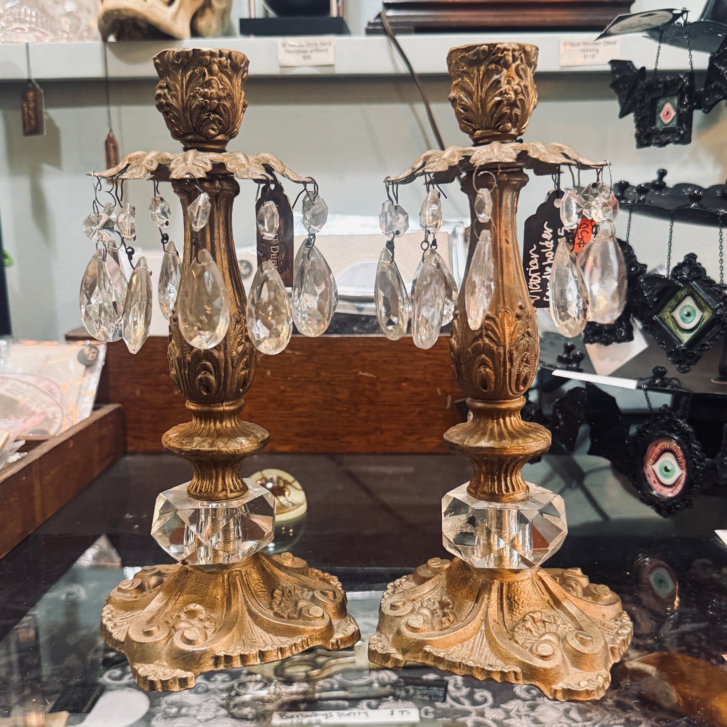 Antique Gold & Crystal Candelabra Set