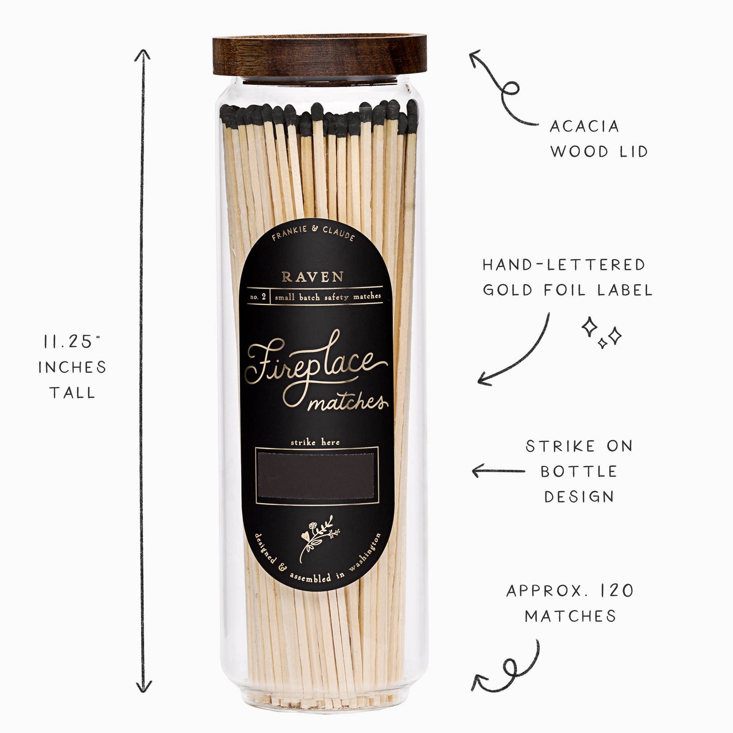 Black Candle Fireplace Matches in Wood Lid Jar