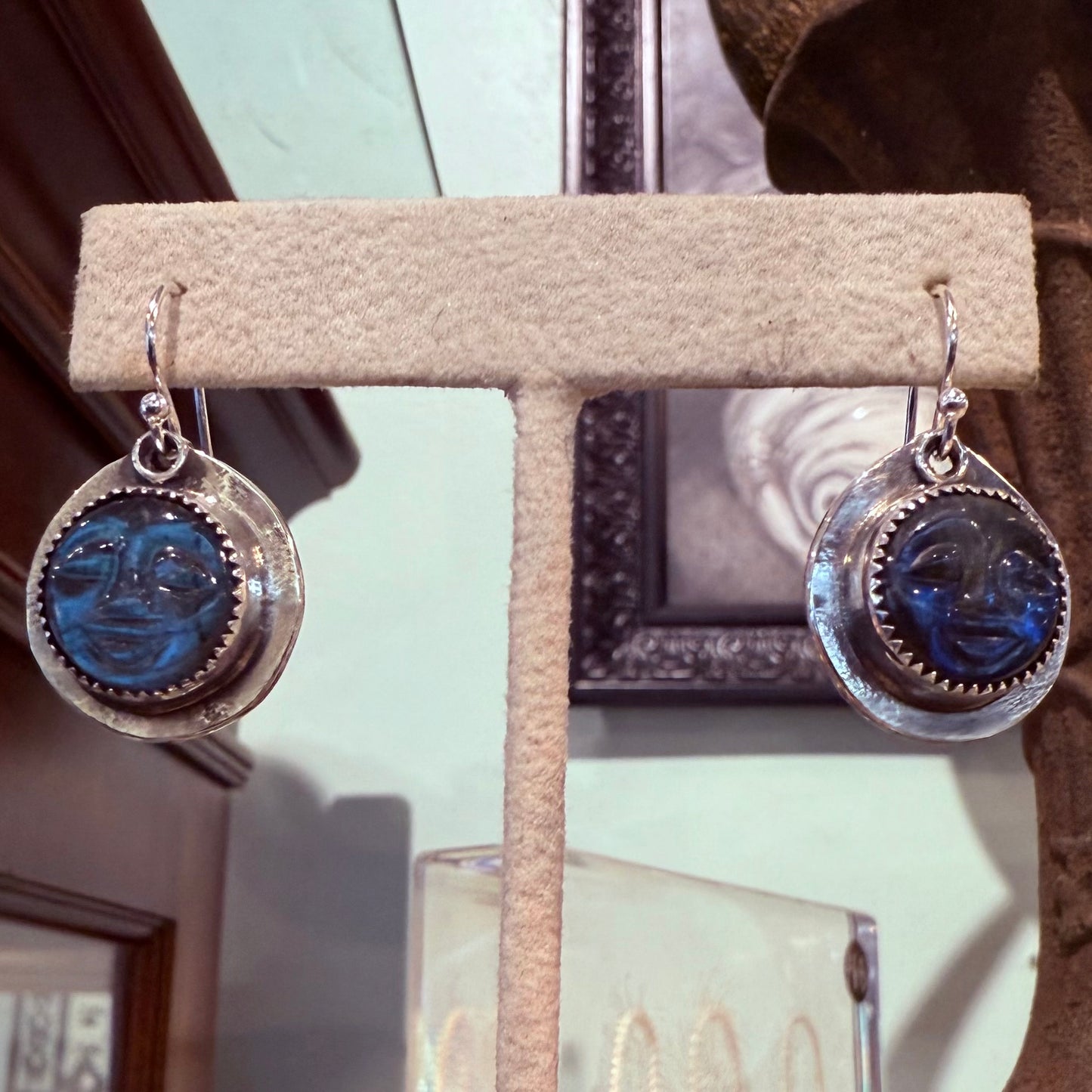 Sterling Labradorite Carved Moon Face Earrings