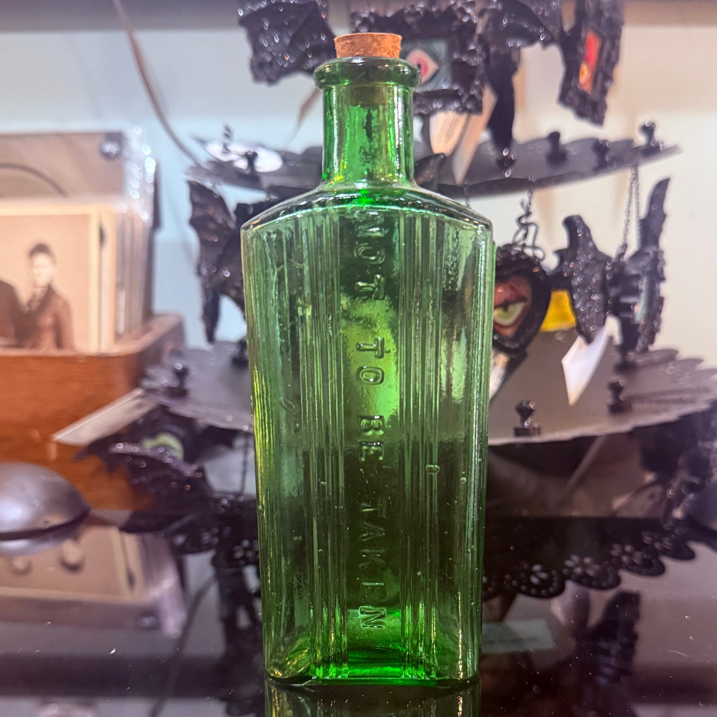 Antique Emerald Green Poison Bottle Rectangular 6”