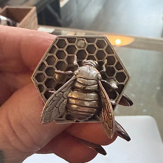 Sterling Amber Honey Beehive Ring