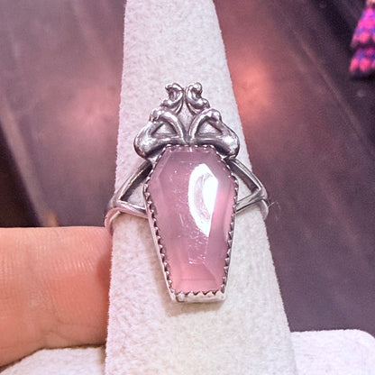 Gothic Art Nouveau Sterling Rose Quartz Coffin Ring