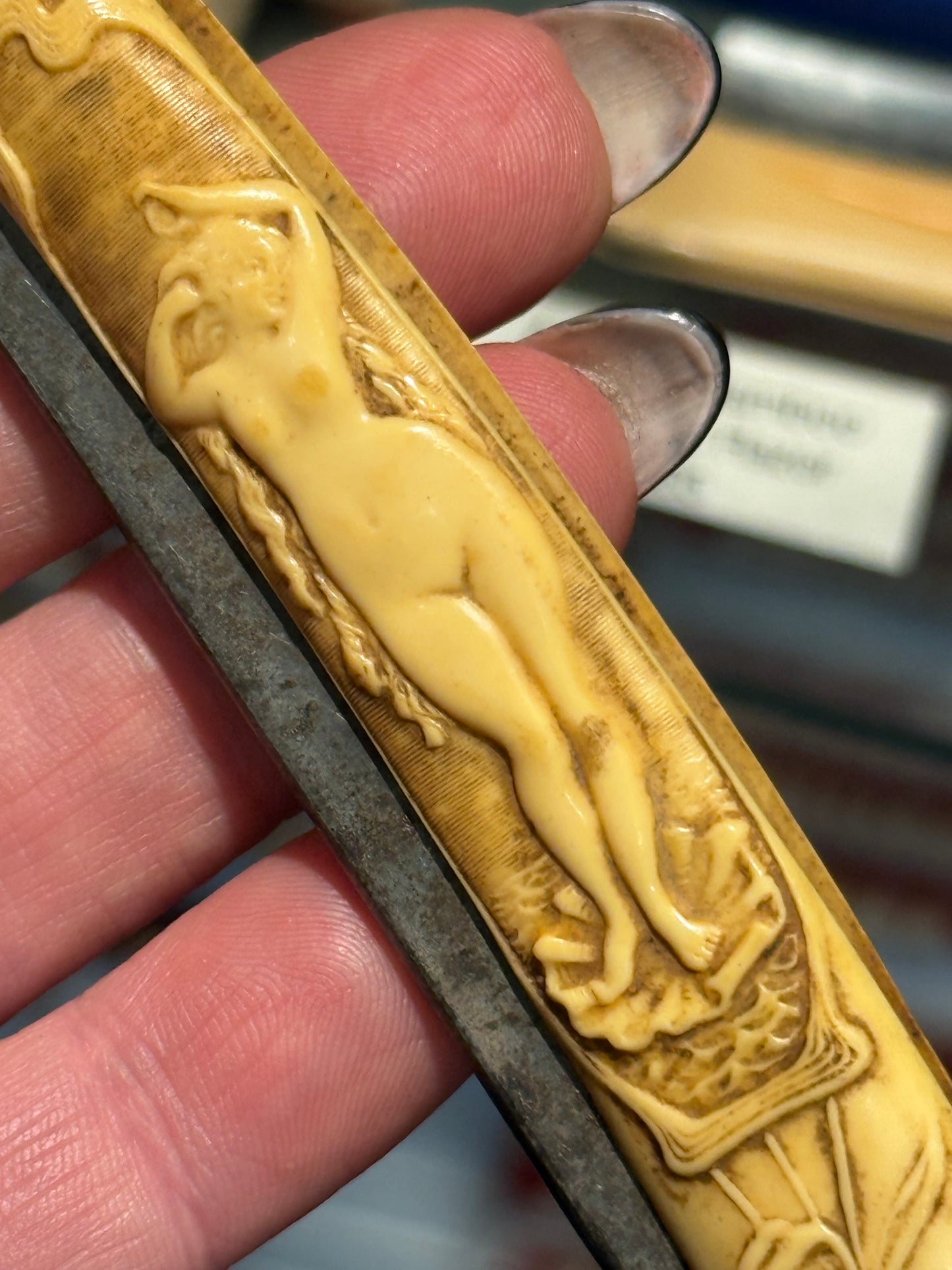 Antique Art Nouveau Naked Woman Celluloid Razor With Box