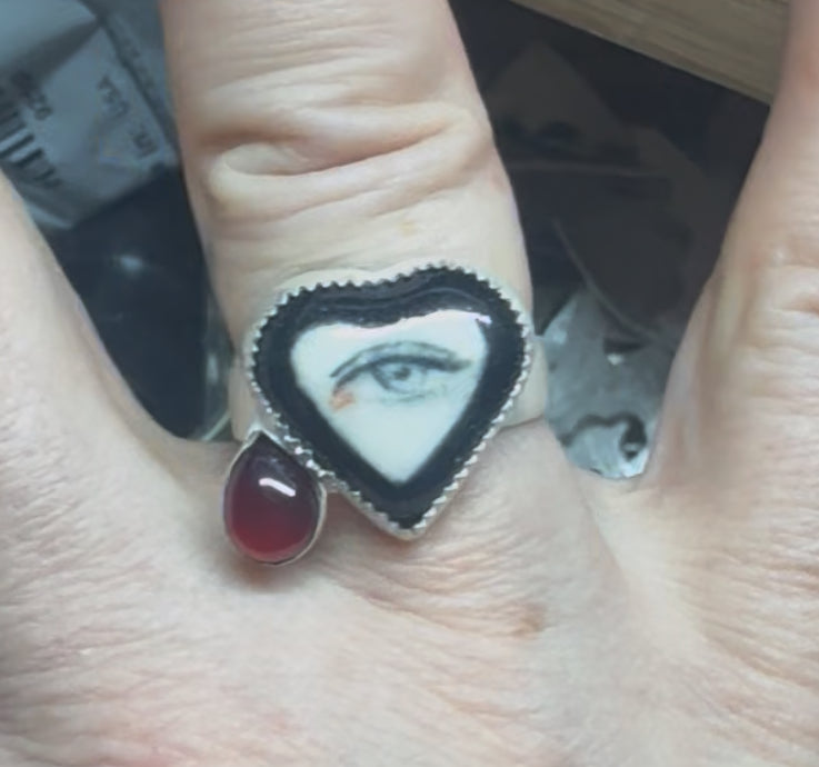 Sterling Gothic Victorian Lover’s Eye Black Heart Ring Garnet Tear