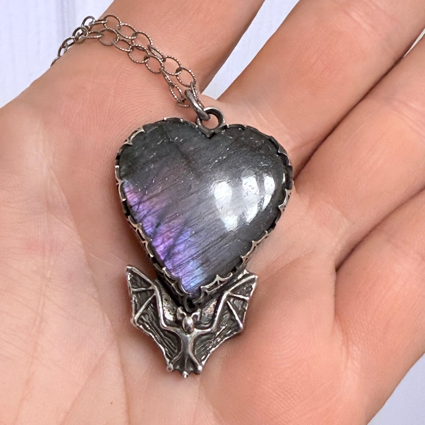 Purple Labradorite Spiderweb Heart Bat Handmade Sterling Necklace
