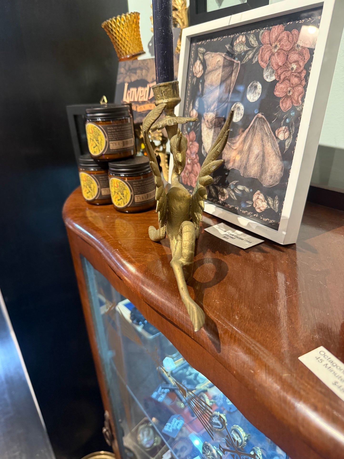 Antique Winged Griffin Heavy Brass Candleholder