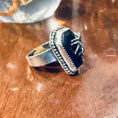 Sterling Spiderweb & Spider Onyx Coffin Ring Spider Handmade Size 7 1/2