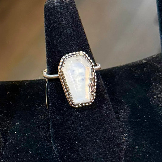 Sterling Spiderweb Moonstone Coffin Ring Handmade