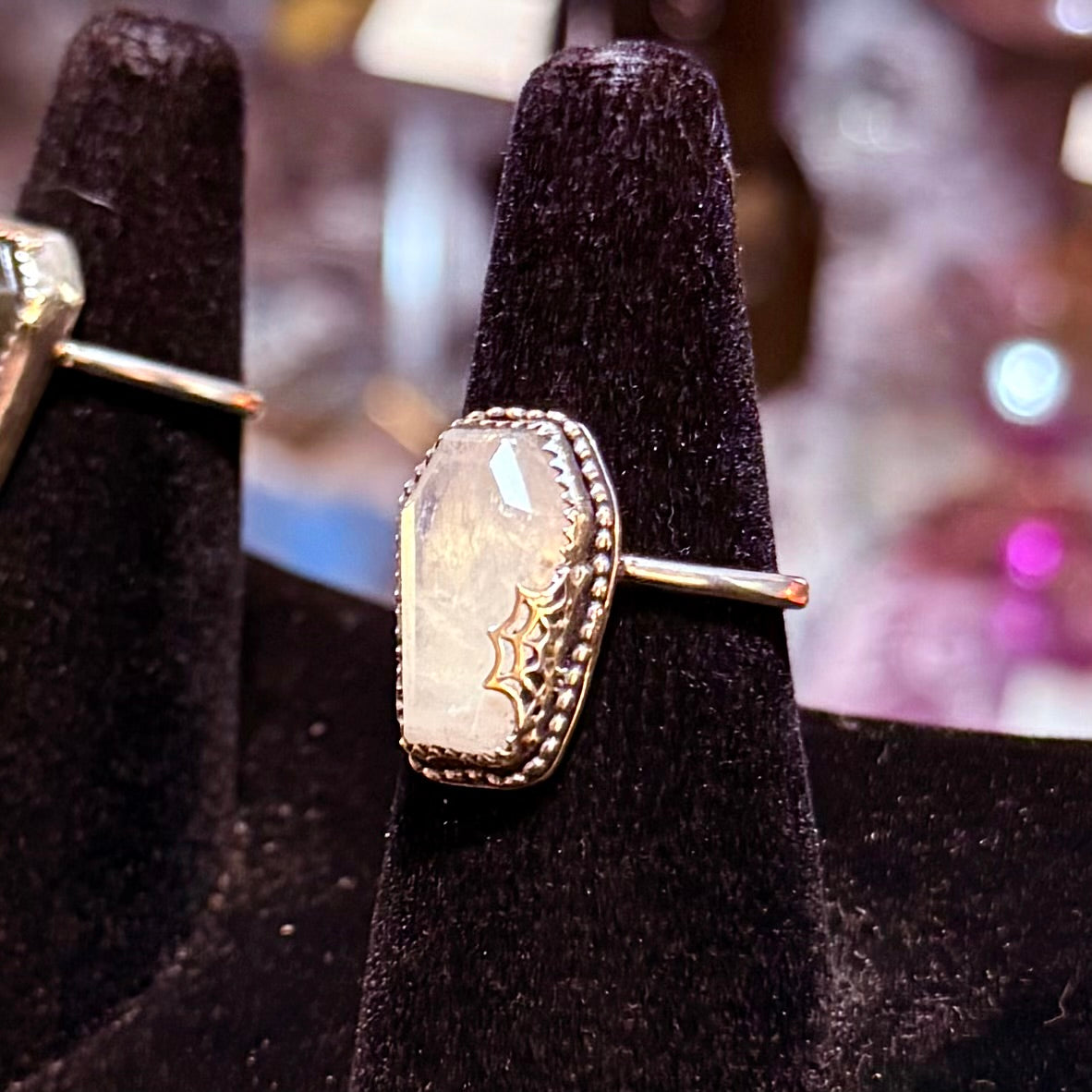 Sterling Spiderweb Moonstone Coffin Ring Handmade