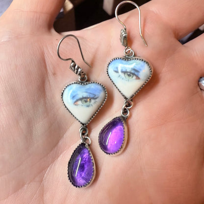 Sterling Gothic Victorian Lover’s Eye Blue Heart Earrings Amethyst Drops